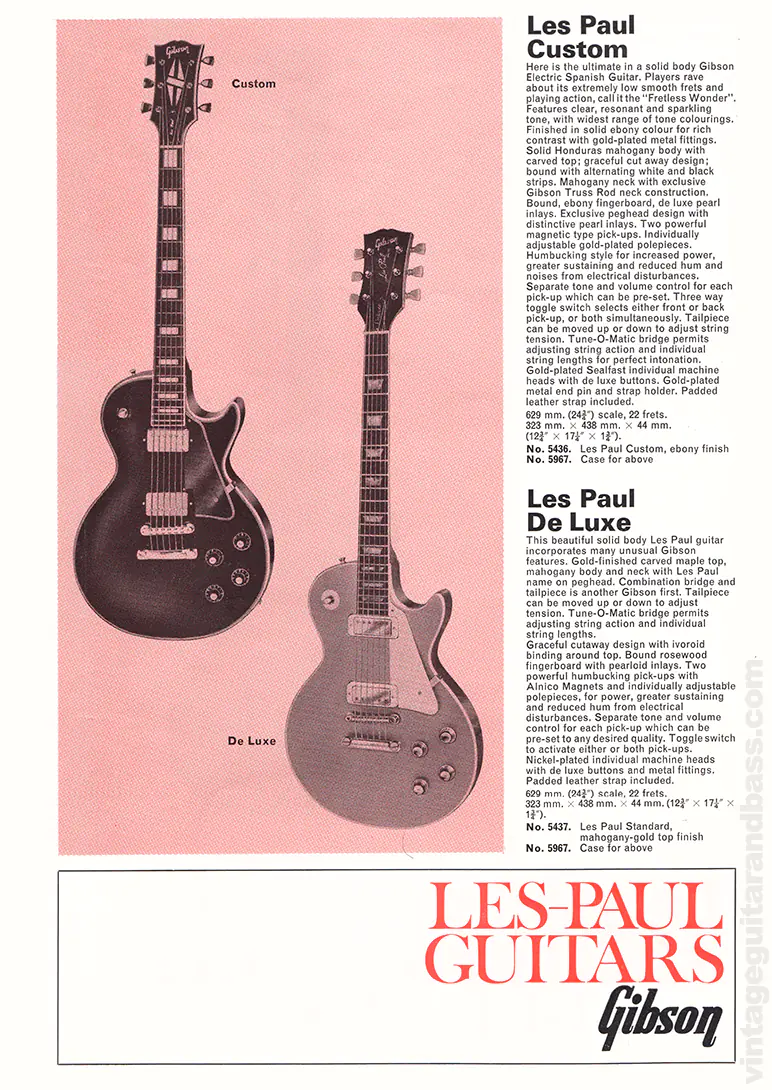 1971 Selmer "Guitars & Accessories" catalog page 12: Gibson Les Paul Custom and Les Paul Deluxe