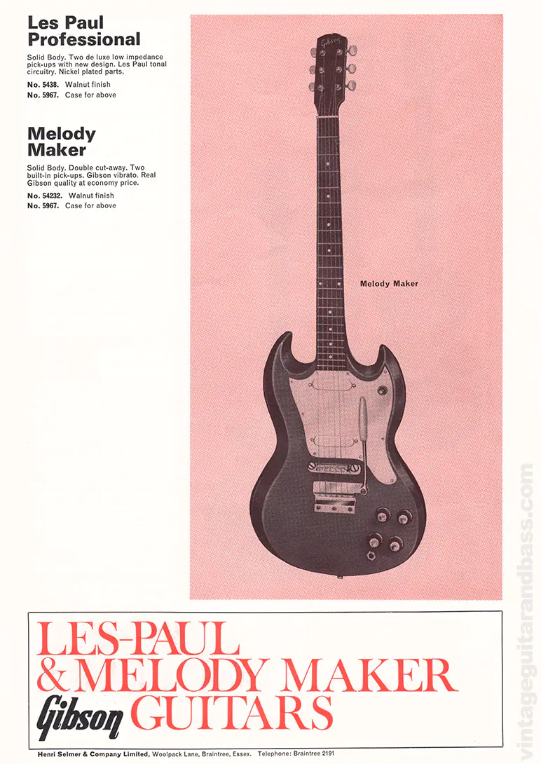 1971 Selmer "Guitars & Accessories" catalog page 13: Gibson Melody Maker and Les Paul Professional