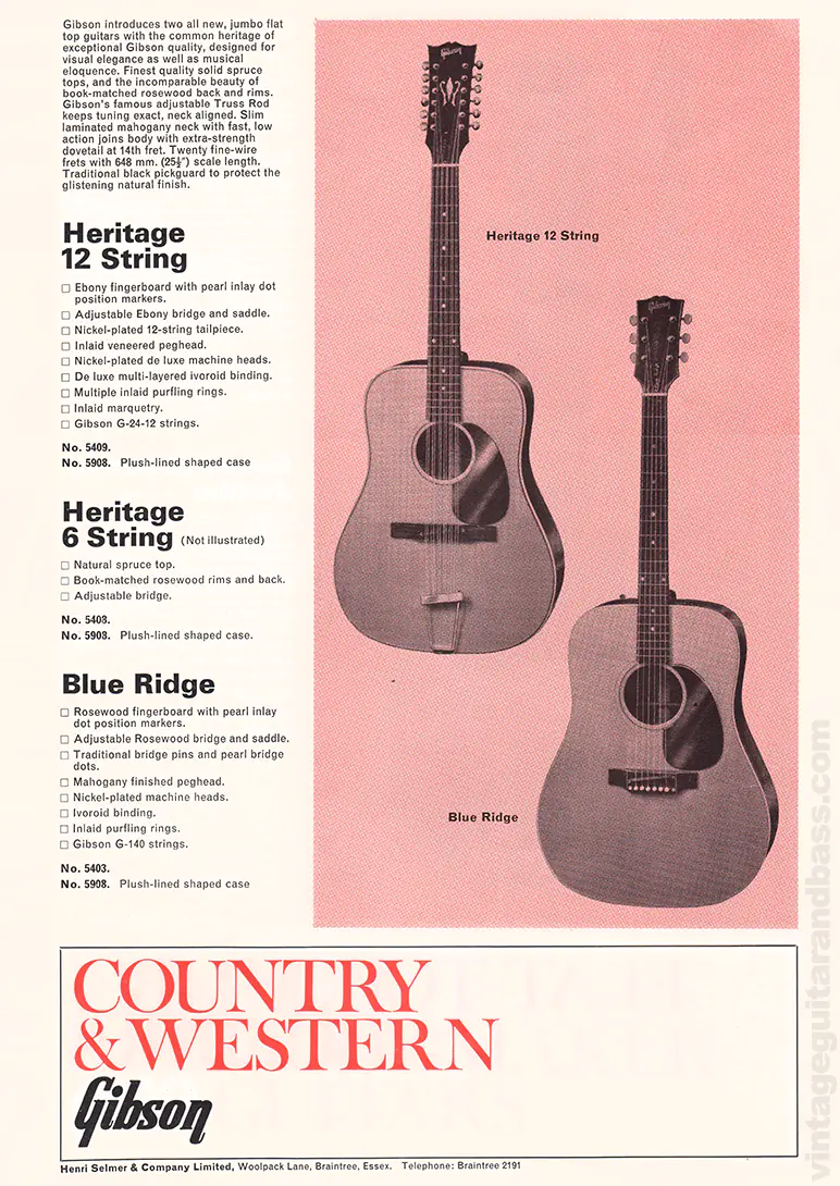1971 Selmer "Guitars & Accessories" catalog page 15: Gibson Heritage 6 string, Heritage 12-string and Blue Ridge