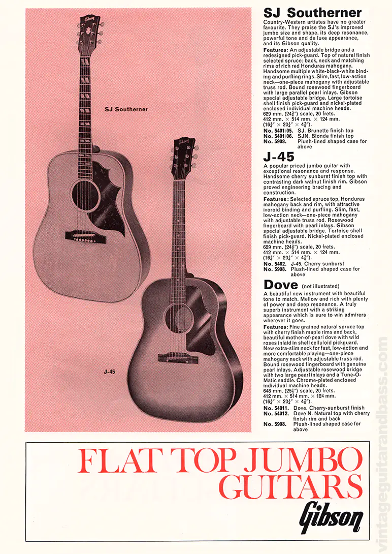 1971 Selmer "Guitars & Accessories" catalog page 16: Gibson SJ Southerner, J-45 and Dove