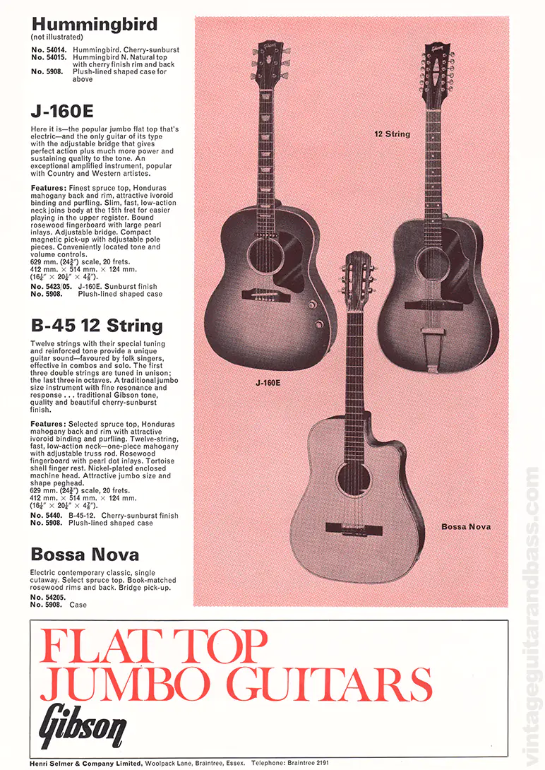 1971 Selmer "Guitars & Accessories" catalog page 17: Gibson Hummingbird, J-160E, B-45 12-string and Bossa Nova