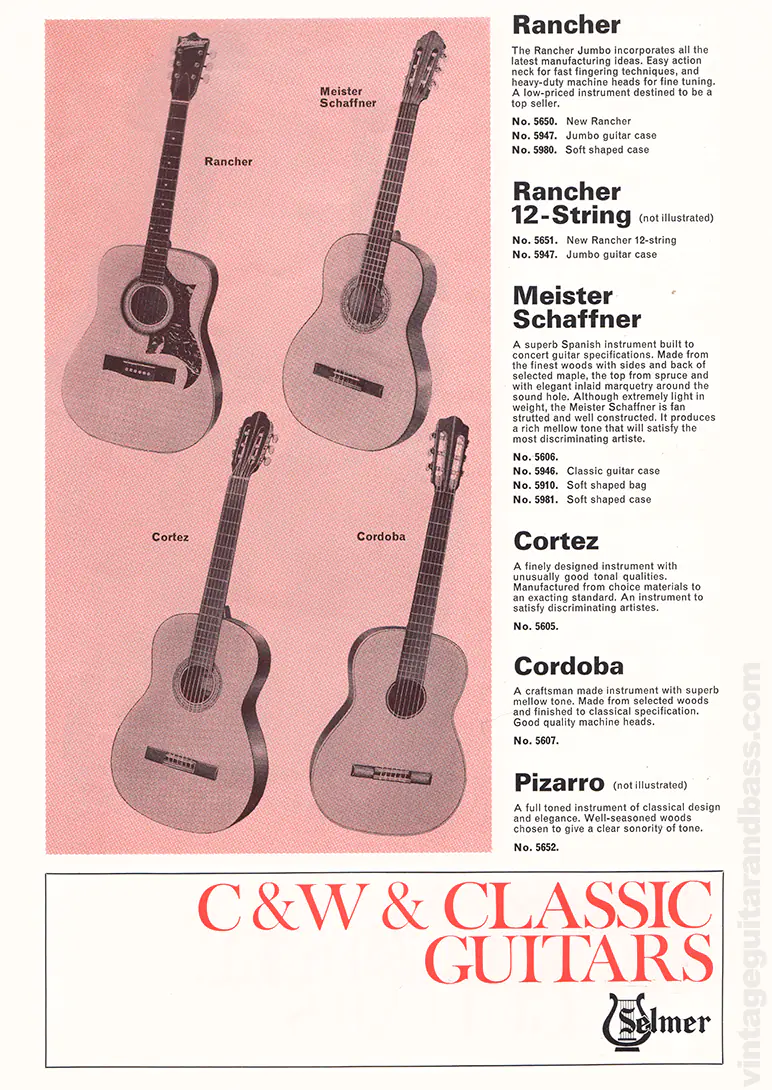 1971 Selmer "Guitars & Accessories" catalog page 18: Rancher, Rancher 12-string, Meister Schaffner, Cortez, Cordoba and Pizarro.