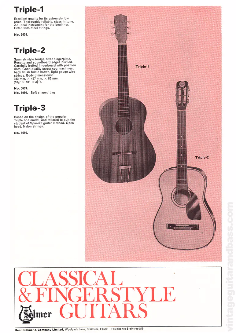 1971 Selmer "Guitars & Accessories" catalog page 19: Triple-1, Triple-2 and Triple-3