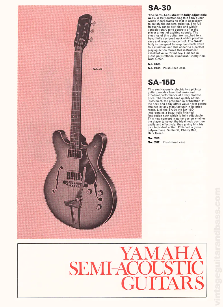1971 Selmer "Guitars & Accessories" catalog page 22: Yamaha SA-15D and SA-30 semi-acoustics