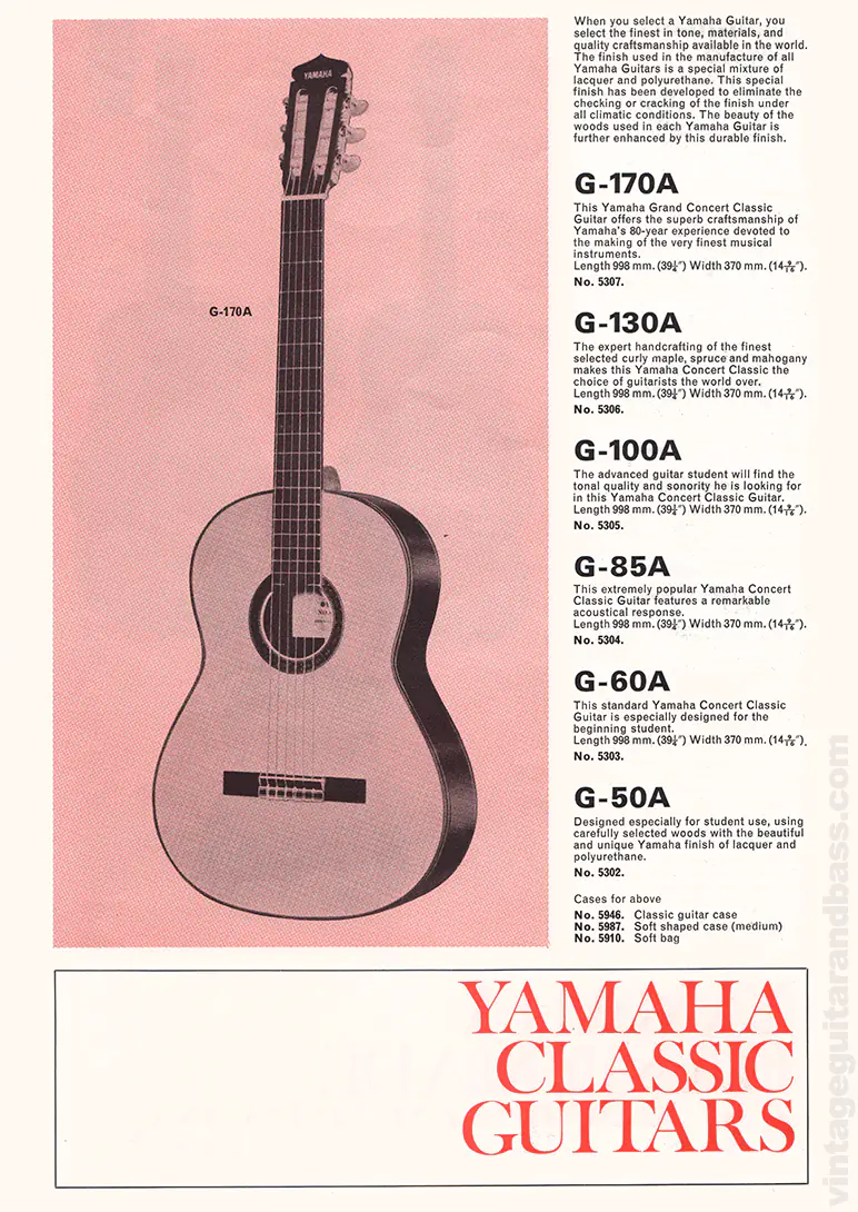 1971 Selmer "Guitars & Accessories" catalog page 24: Yamaha classic guitars G-50A, G-60A, G-85A, G-100A, G-130A, G-170A