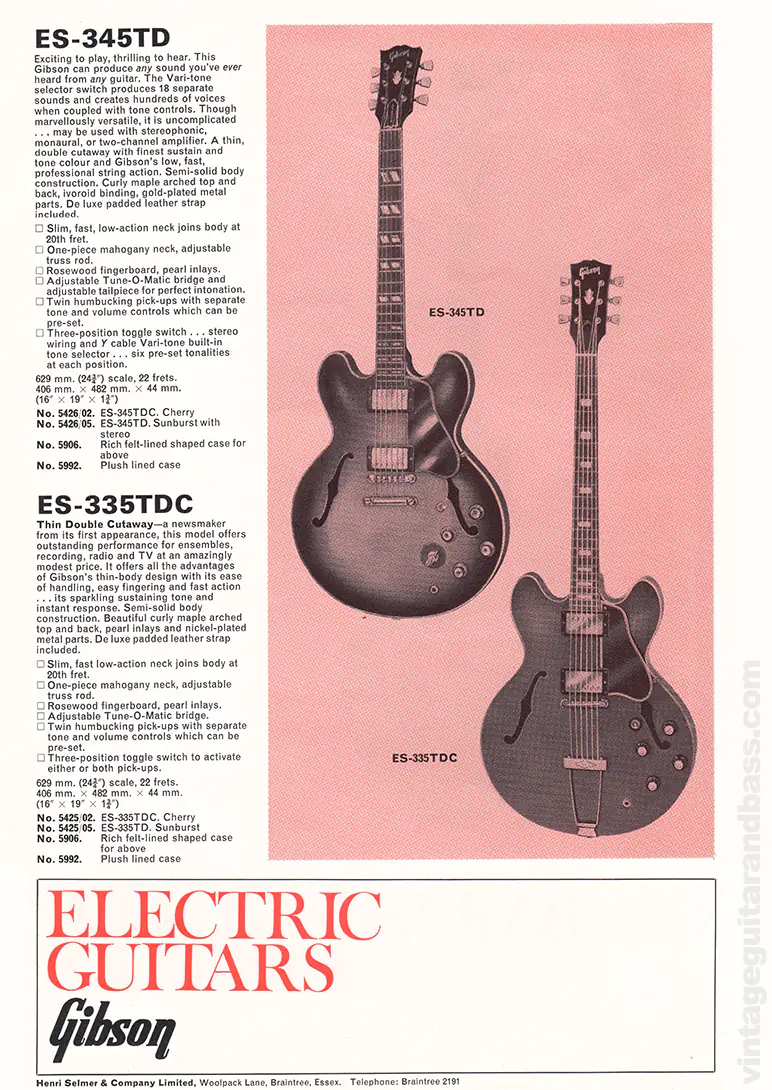 1971 Selmer "Guitars & Accessories" catalog page 3: Gibson ES-335TD and ES-345TD