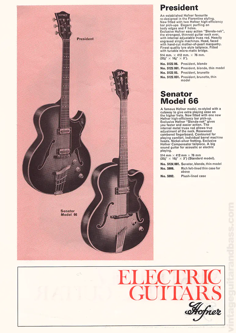 1971 Selmer "Guitars & Accessories" catalog page 30: Hofner President and Hofner Senator Model 66