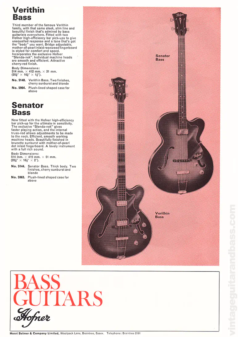 1971 Selmer "Guitars & Accessories" catalog page 33: Hofner Verithin bass and Hofner Senator bass