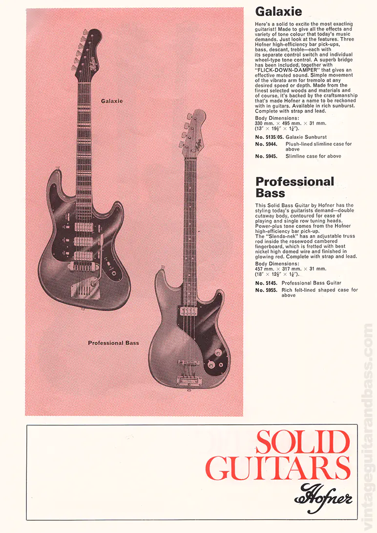 1971 Selmer "Guitars & Accessories" catalog page 34: Hofner Galaxie and Hofner Professional Bass