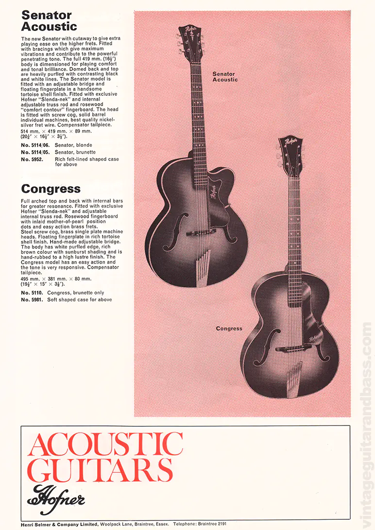 1971 Selmer "Guitars & Accessories" catalog page 35: Hofner Senator Acoustic and Hofner Congress