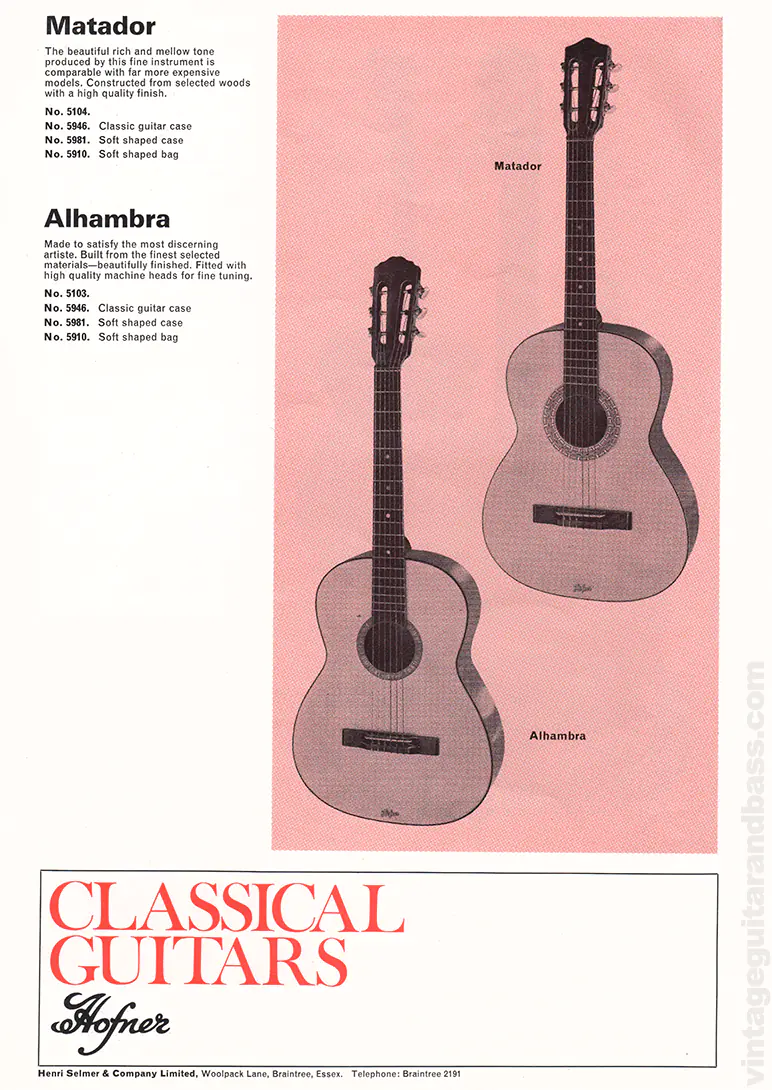 1971 Selmer "Guitars & Accessories" catalog page 37: Hofner Matador and Alhambra classic acoustic guitars