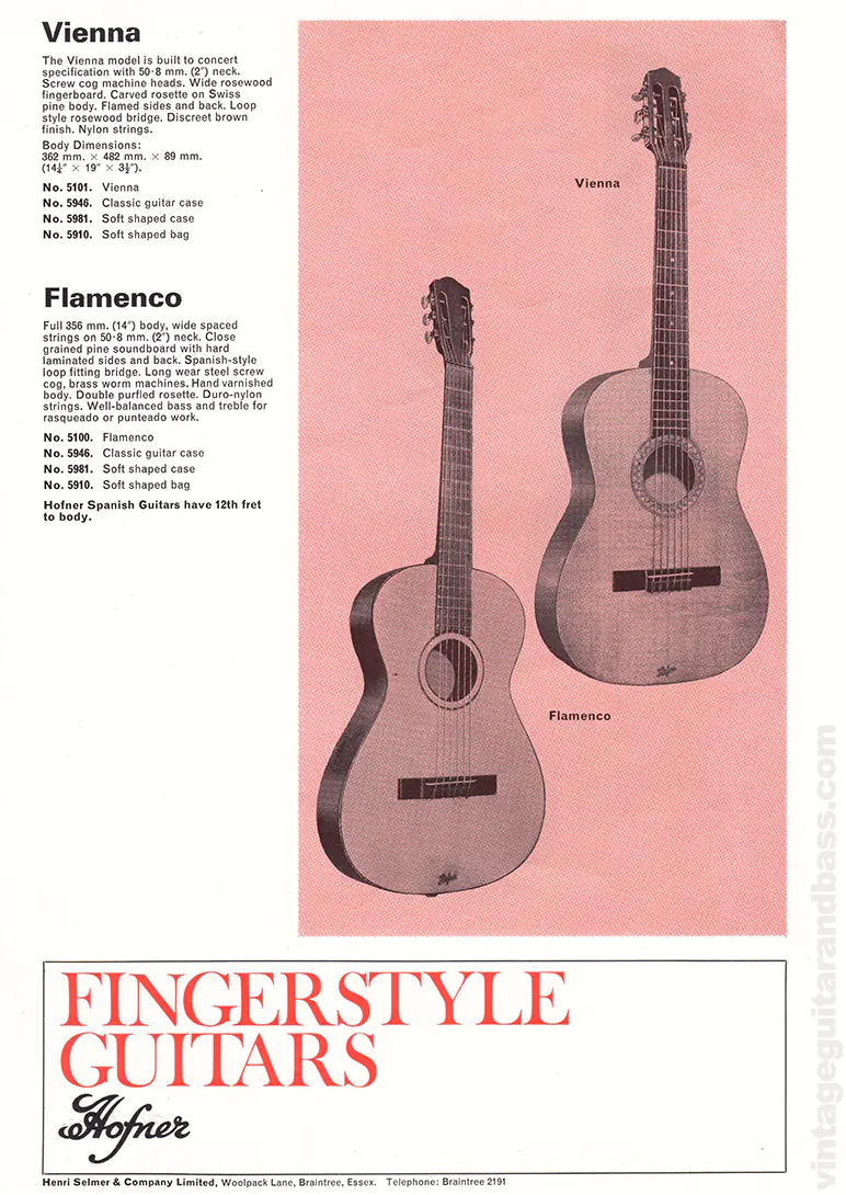1971 Selmer "Guitars & Accessories" catalog page 39: Hofner Vienna and Flamenco fingerstyle acoustic guitars