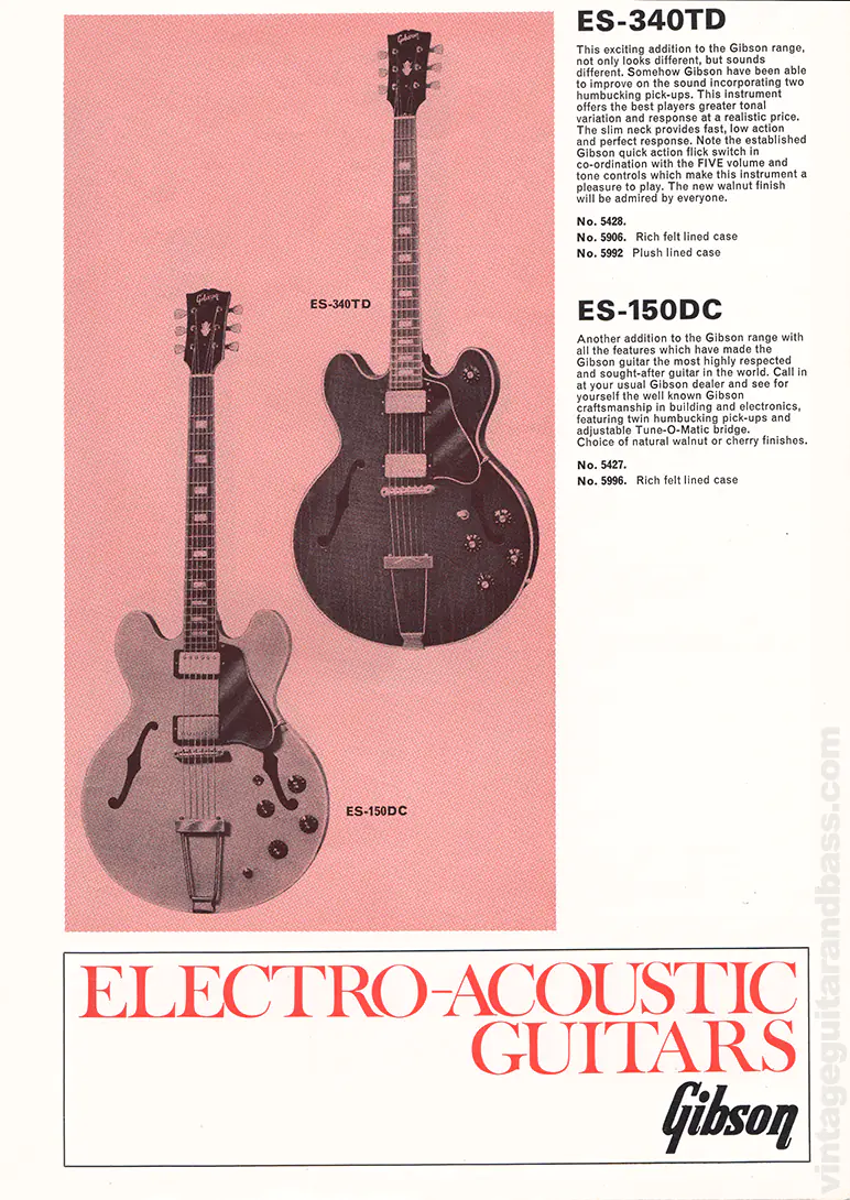 1971 Selmer "Guitars & Accessories" catalog page 4: Gibson ES-340TD and ES-150DC