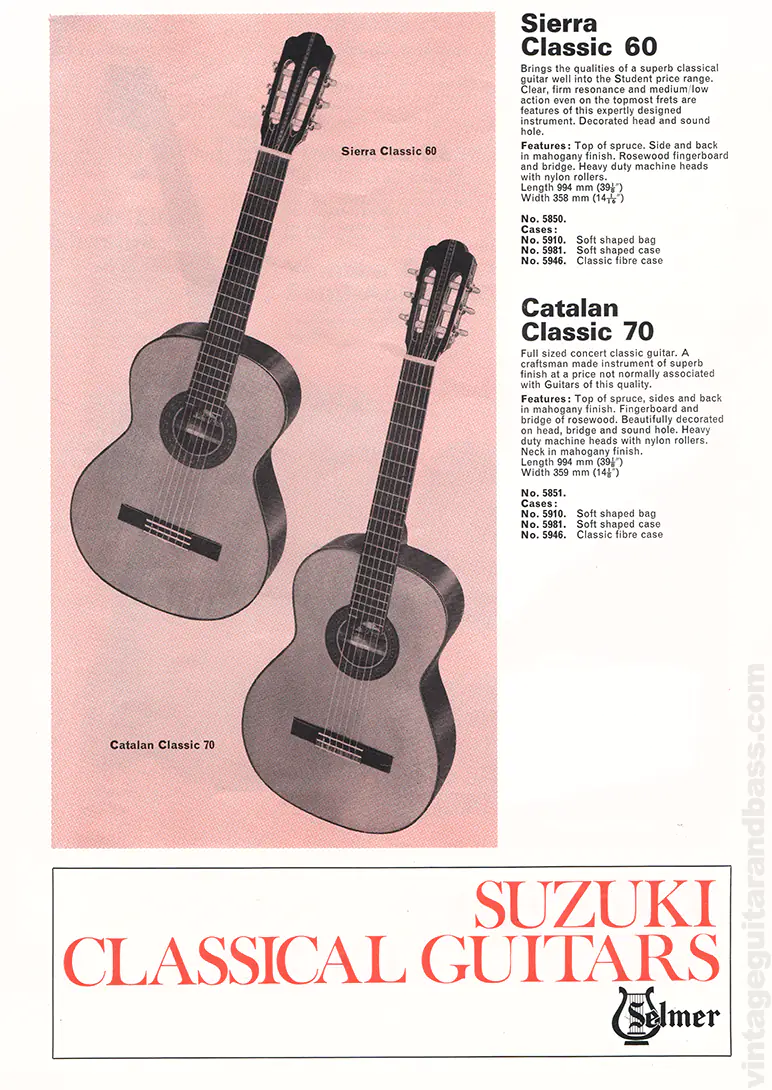 1971 Selmer "Guitars & Accessories" catalog page 42: Suzuki Sierra Classic 60 and Catalan Classic 70 classical guitars