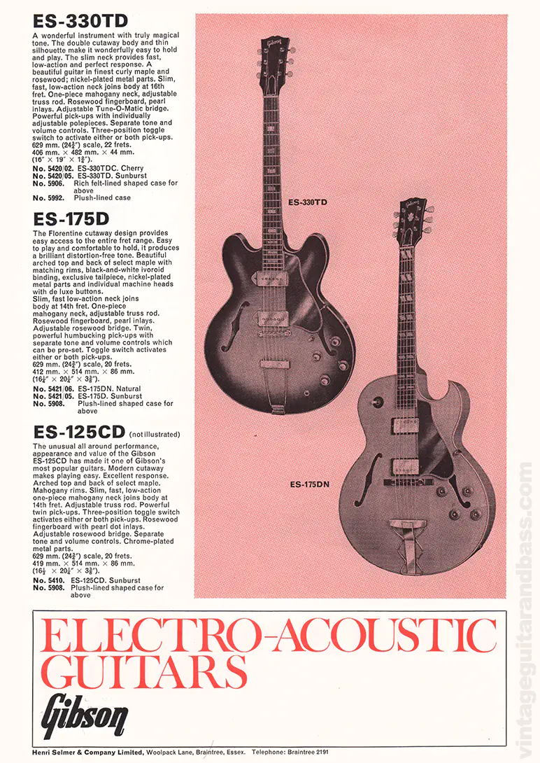 1971 Selmer "Guitars & Accessories" catalog page 5: Gibson ES-330TD, ES-175D and ES-125CD