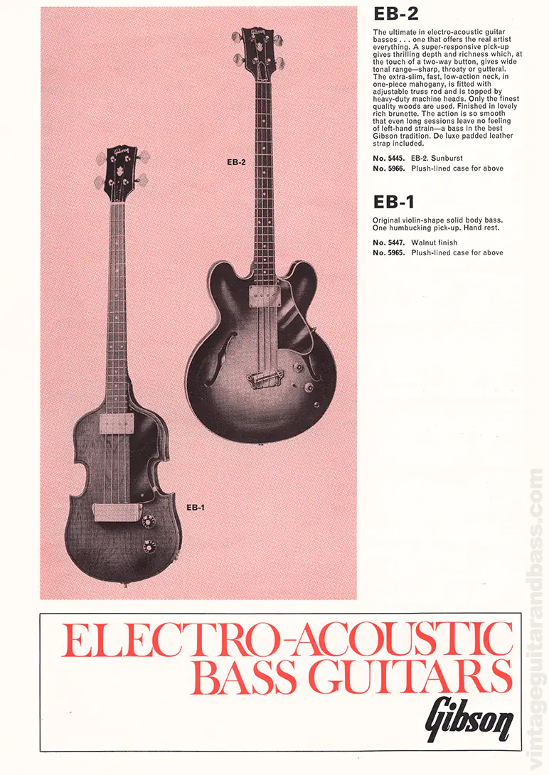 1971 Selmer "Guitars & Accessories" catalog page 6: Gibson EB-1 and EB-2 bass