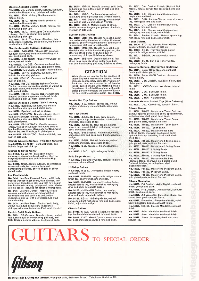 1971 Selmer "Guitars & Accessories" catalog page 7: Gibson custom order instruments