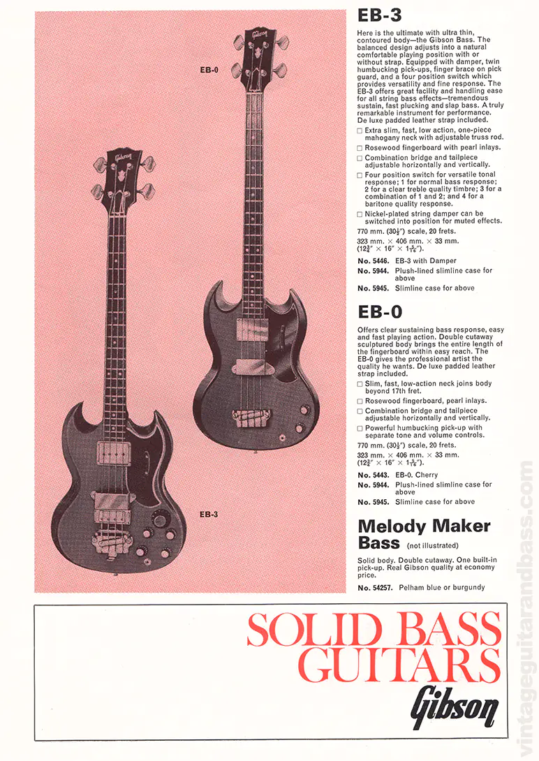 1971 Selmer "Guitars & Accessories" catalog page 8: Gibson EB-3, EB-0 and Melody Maker bass