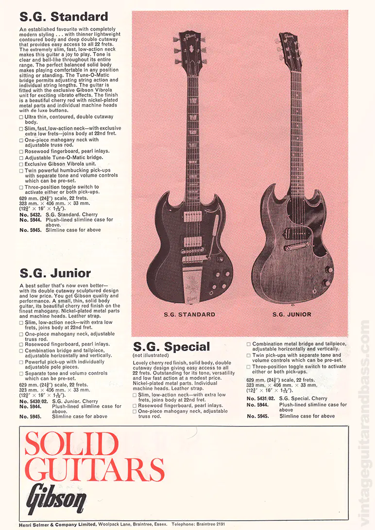 1971 Selmer "Guitars & Accessories" catalog page 9: Gibson SG Standard and SG Junior