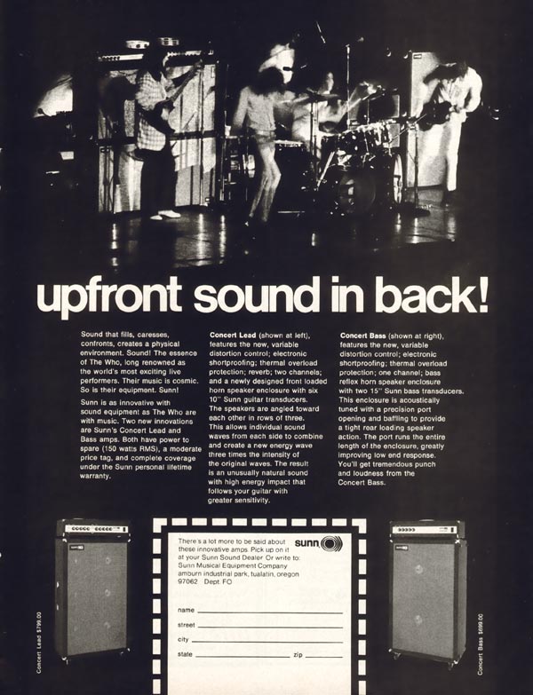 Sunn advertisement (1972) Upfront Sound in Back!