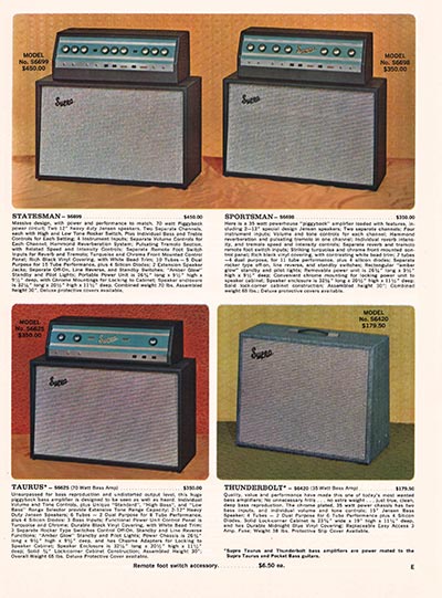 1966 Supro guitar, bass and amp catalog page 5 - Supro Statesman, Sportsman, Taurus, and Thunderbolt amplifiers