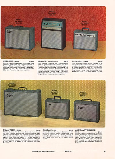 1966 Supro guitar, bass and amp catalog page 7 - Supro Supreme, Trojan, Super Six, Dual Tone and Bantam amplifiers