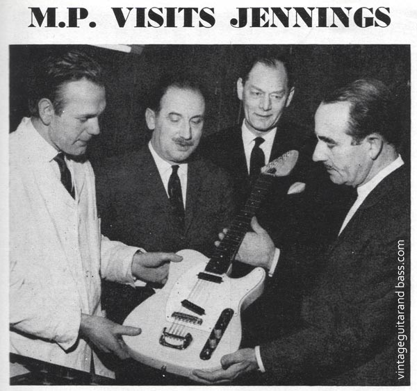 M.P. Sydney Irving visits Jennings, and is shown a Vox New Escort guitar