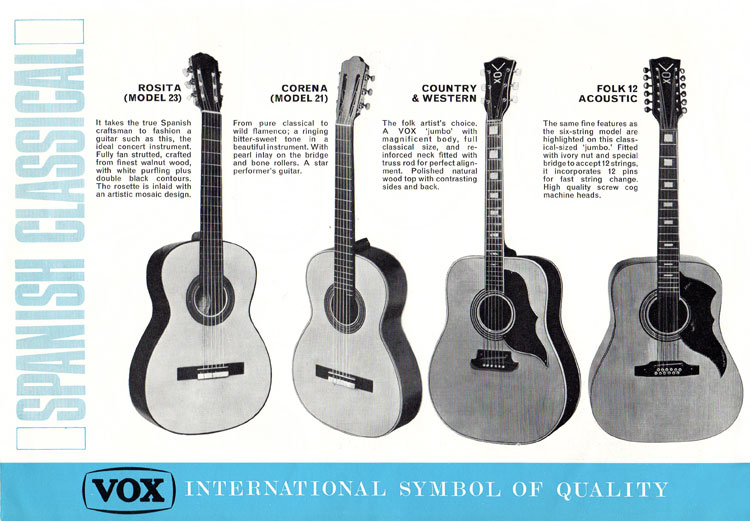 1967 Vox Guitars catalog, page 10: Vox Rosita, Corena, Country & Western and Folk 12 acoustic guitars