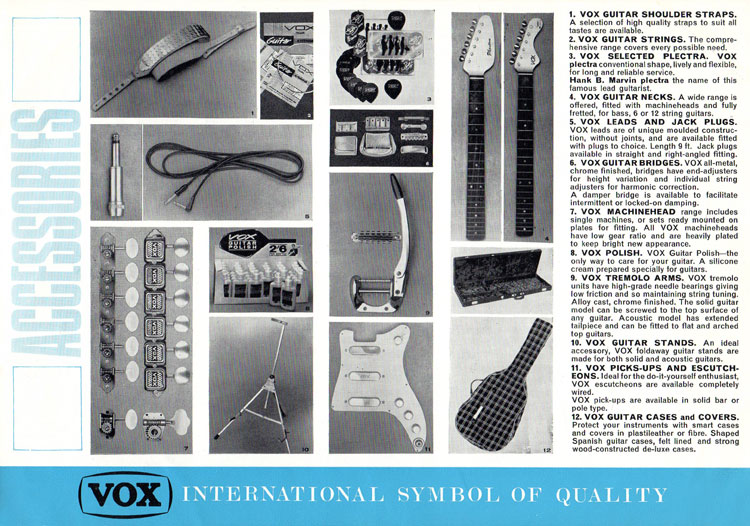 1967 Vox Guitars catalog, page 11: Vox accessories: straps, cables, pickups, necks, tuners, cases, bridges and tailpieces