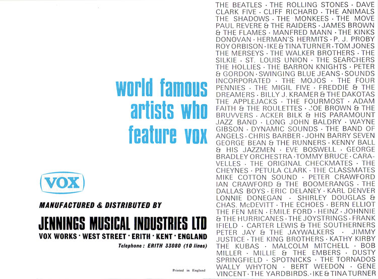 1967 Vox Guitars catalog, page 12: back cover, Vox endorsing artists