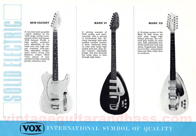 1967 Vox Guitars catalog, page 3: Vox New Escort, Mark VI and Mark XII guitars