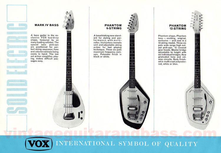 1967 Vox Guitars catalog, page 4: Vox Mark IV bass, Vox Phantom VI, Vox Phantom XII