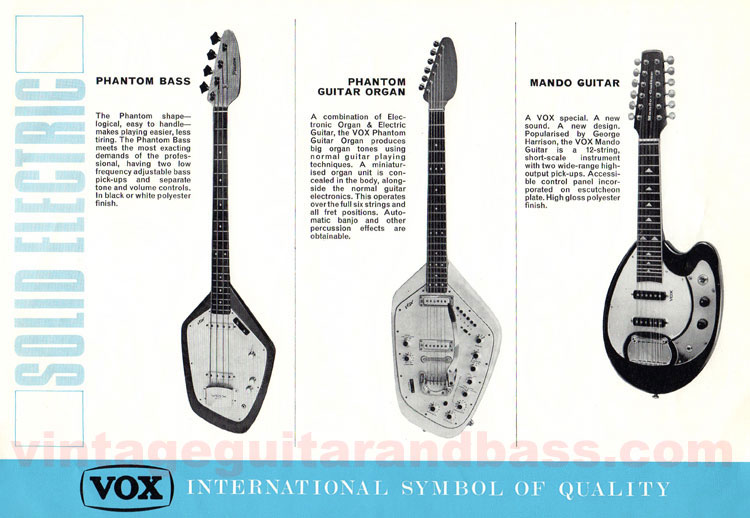 1967 Vox Guitars catalog, page 5: Vox Phantom bass, Guitar Organ, and Mando Guitar