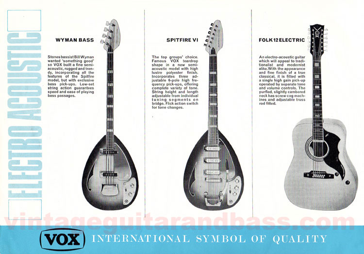 1967 Vox Guitars catalog, page 8: Vox Wyman bass, Spitfire VI and Folk 12