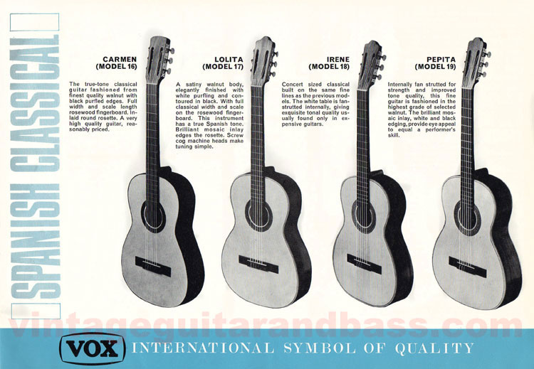 1967 Vox Guitars catalog, page 9: Vox Carmen, Lolita, Irene and Pepita