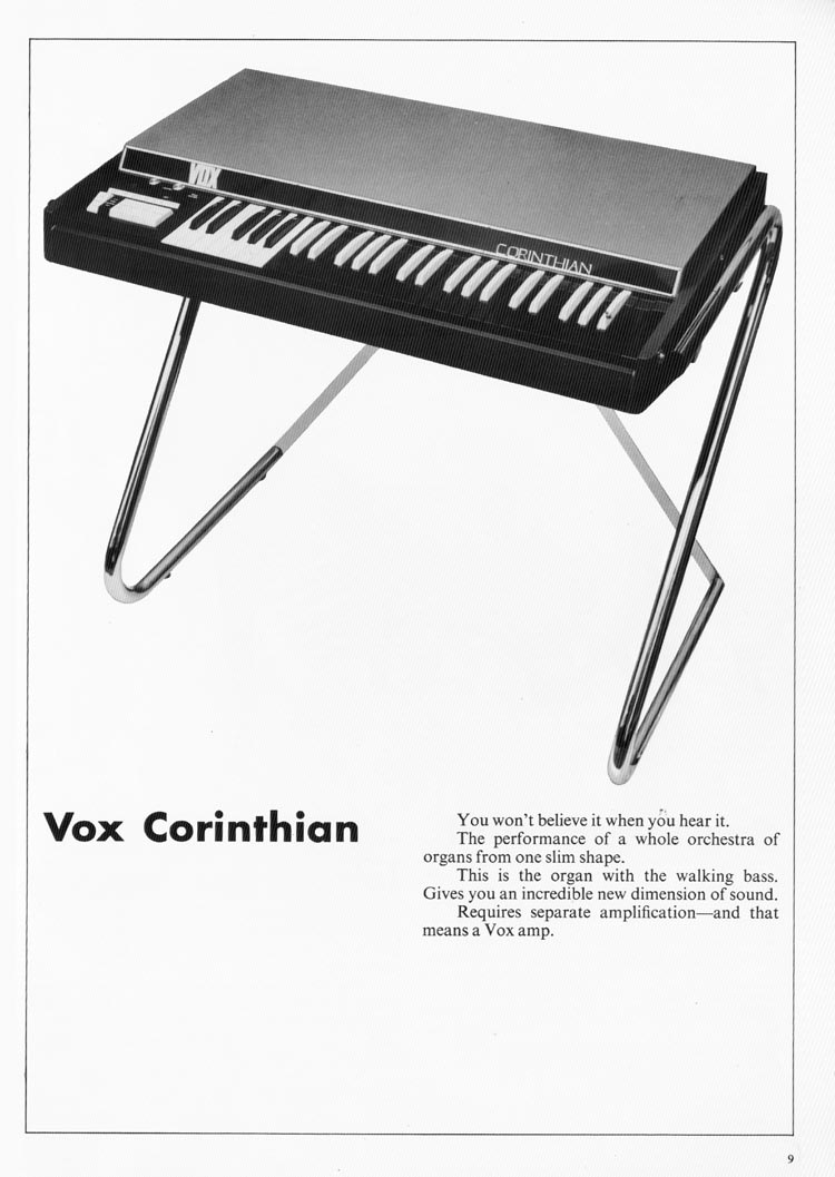 1970 Vox guitar catalog, page 10: Vox Corinthian organ