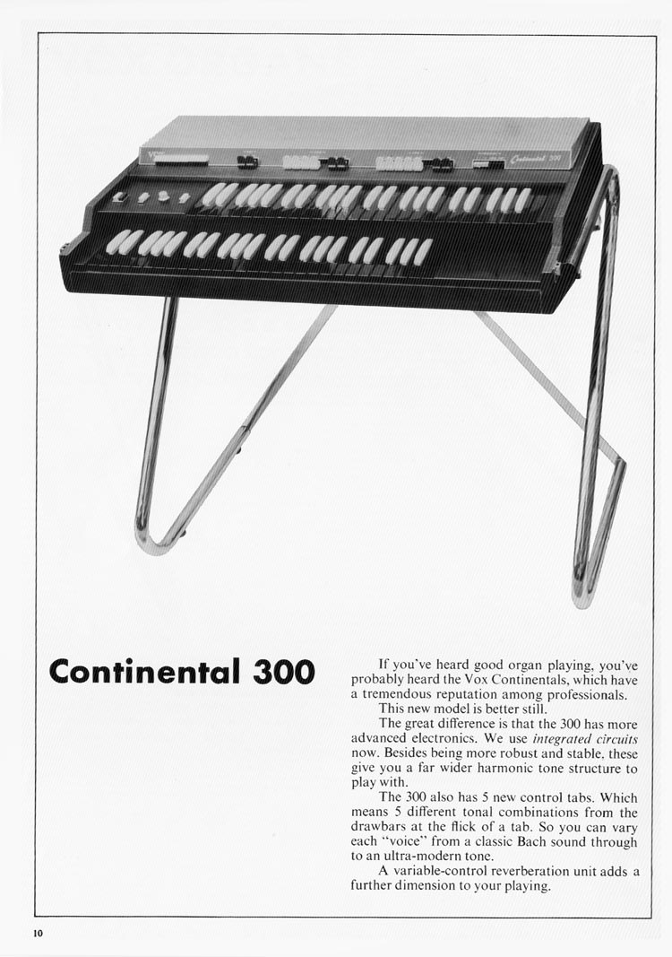 1970 Vox guitar catalog, page 11: Vox Continental 300 organ