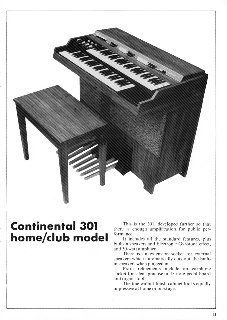 1970 Vox guitar catalog, page 12: Vox Continental 301 Organ