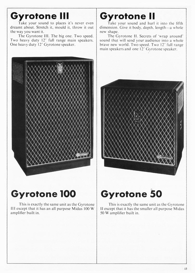 1970 Vox guitar catalog, page 14: Gyrotone II, III, 50 and 100