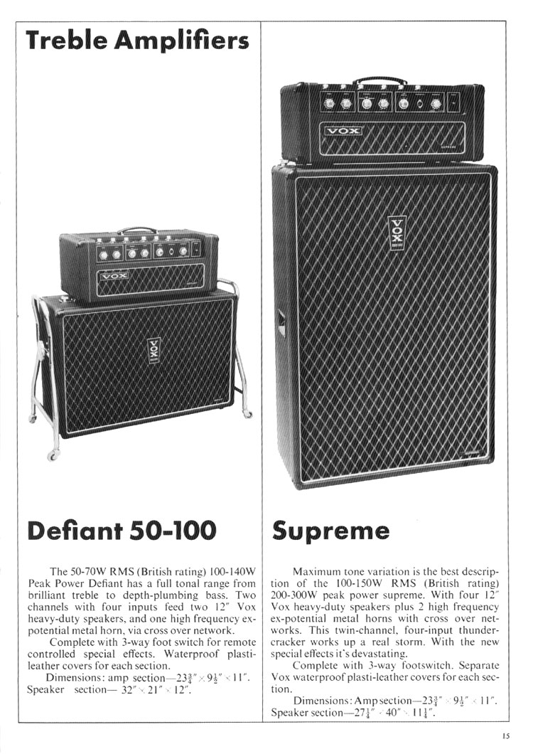 1970 Vox guitar catalog, page 16: Vox Defiant and Vox Supreme amplifiers
