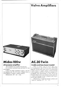 1970 Vox guitar catalog page 18 - Vox Midas 100 and Vox AC30