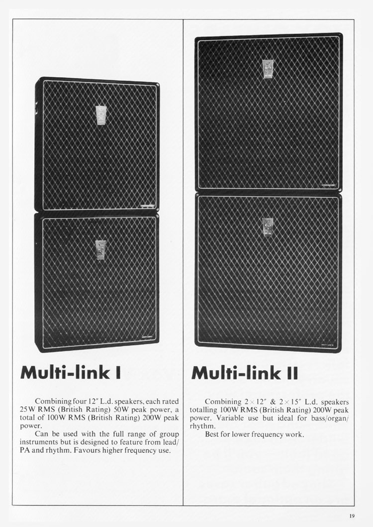 1970 Vox guitar catalog, page 20: Vox Multi-link Speaker Cabinets