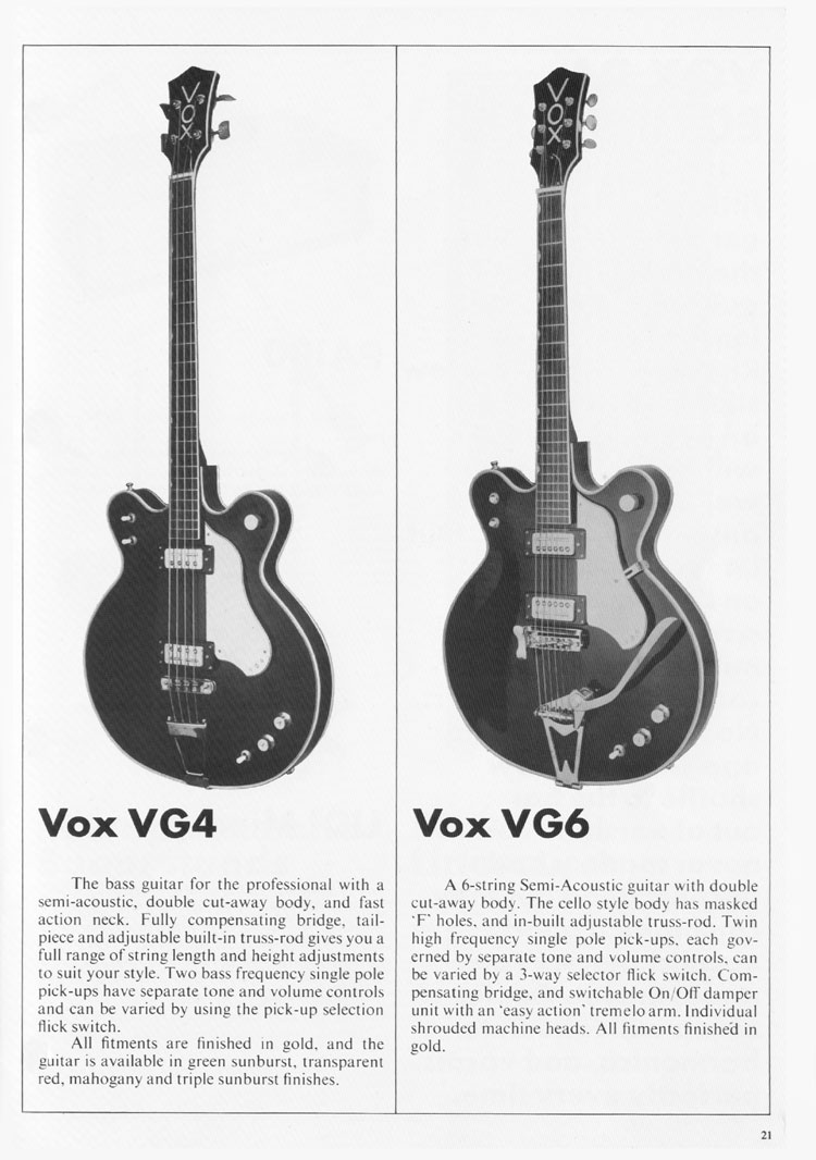 1970 Vox guitar catalog, page 22: Vox VG4 and VG6 guitars