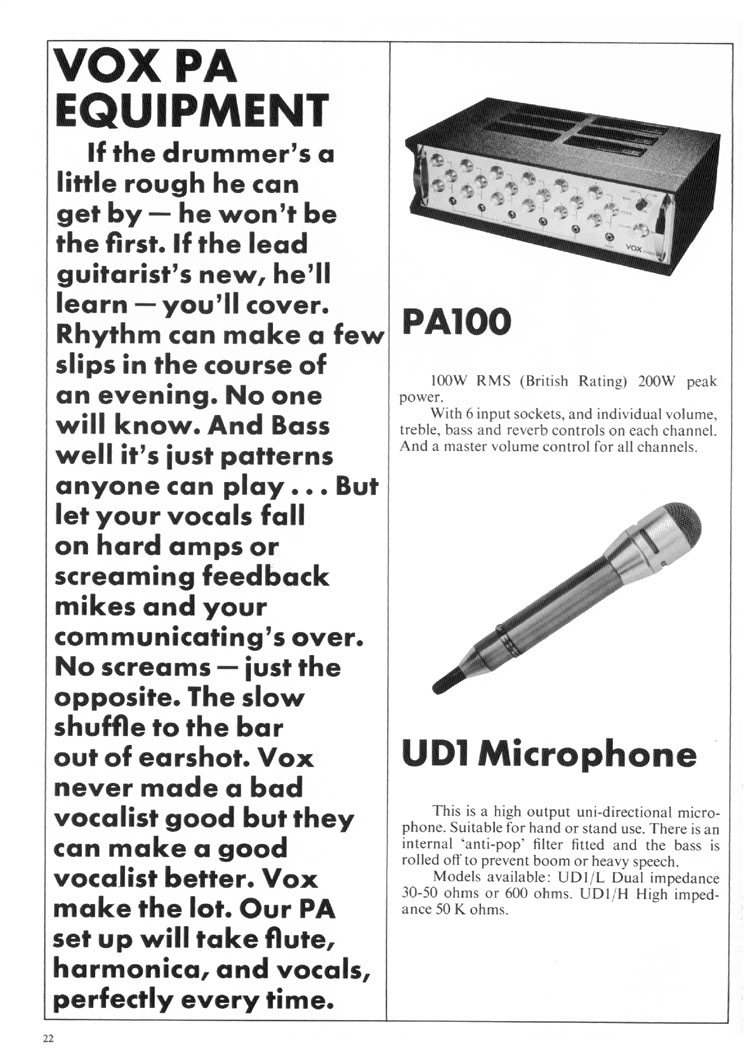 1970 Vox guitar catalog, page 23: PA100 and UD1 microphone