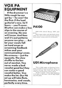 1970 Vox guitar catalog page 23 - PA100 and UD1 microphone