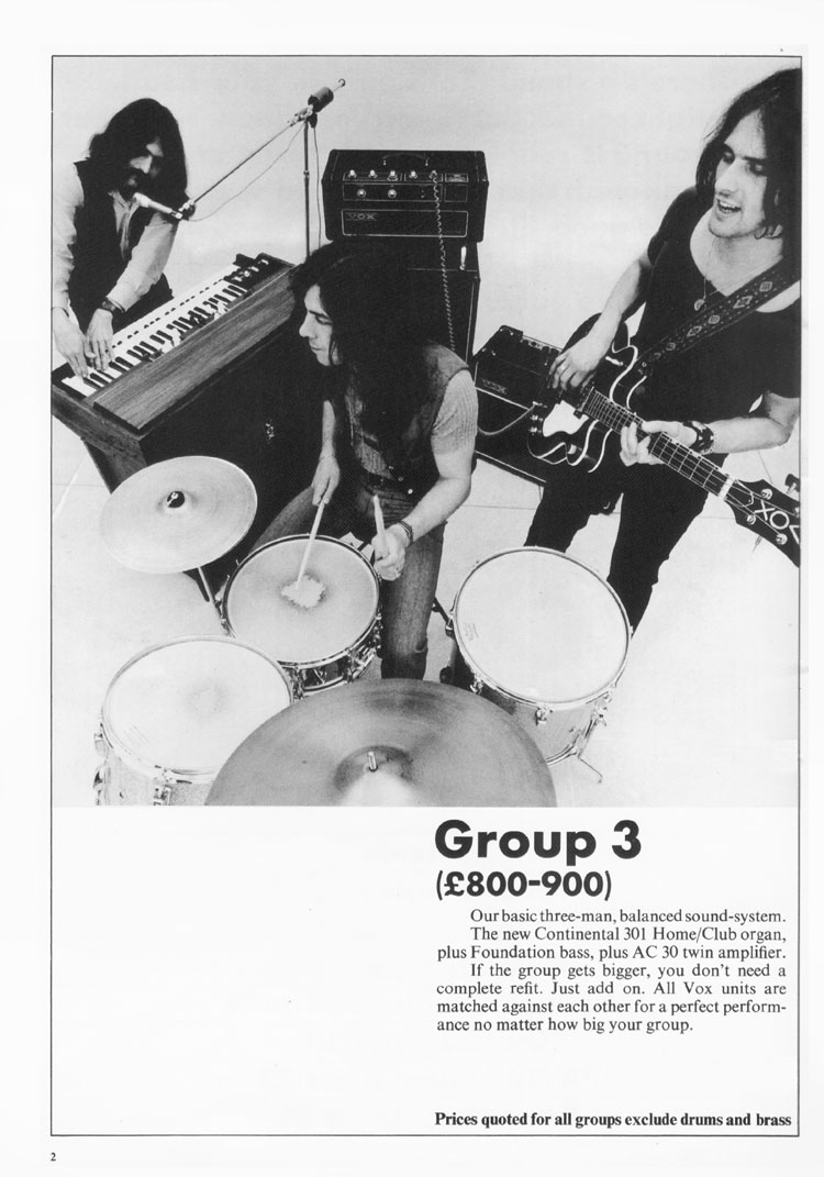 1970 Vox guitar catalog, page 3: Vox Group 3 backline set