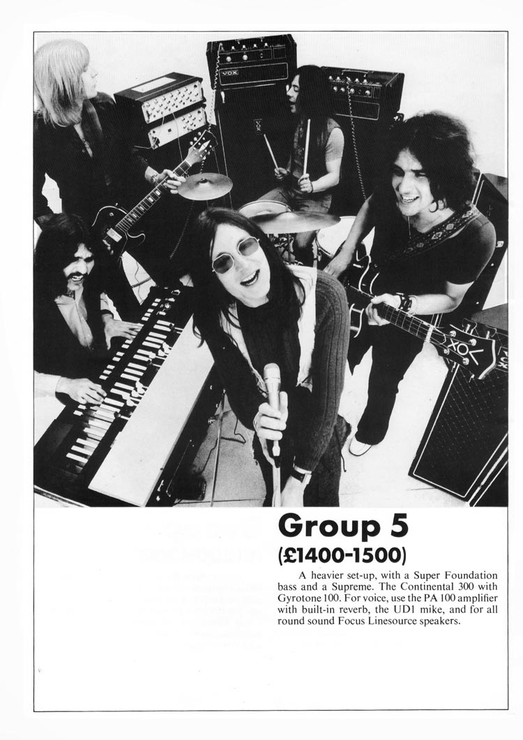 1970 Vox guitar catalog, page 5: Vox Group 5 backline set