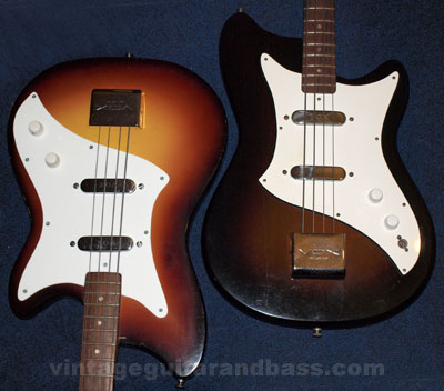 Two British-built Vox Bassmaster basses, a 1963 (left) and a 1965 (right)