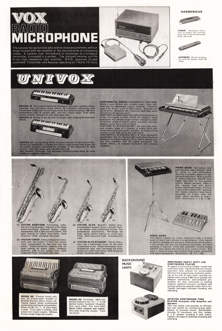1964 Vox guitar catalog page 7 - harmonicas, accordions, saxophones, keyboards, and the Vox radio microphone
