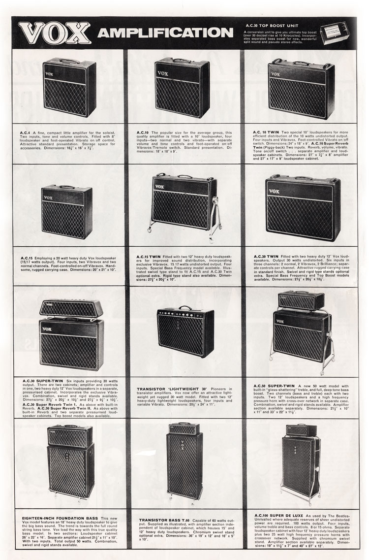 1964 Vox guitar catalog page 2 - Vox amplifiers: AC4, AC10, AC15, AC30, Transistor Lightweight 30, AC50, Foundation bass, T60, AC100